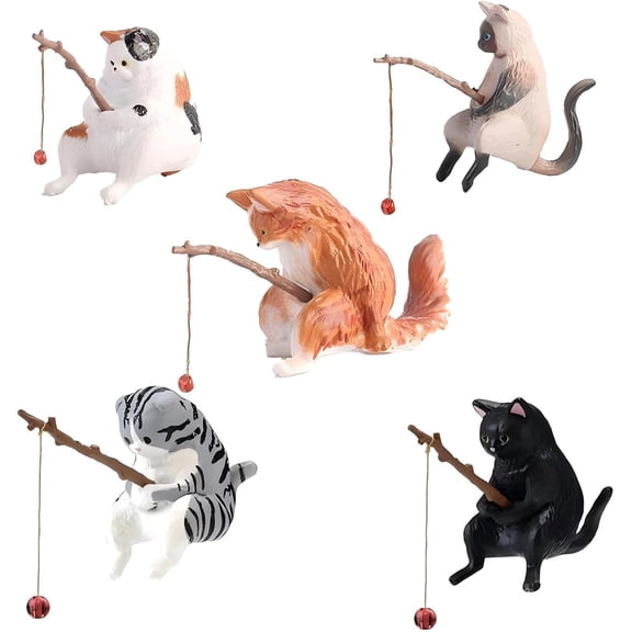 Cute Cat Figures Aquarium Miniature Decoration with Fishing Model Statue for Fish Tank Decorations and Ornament (5 Pcs New Fishing Cats)