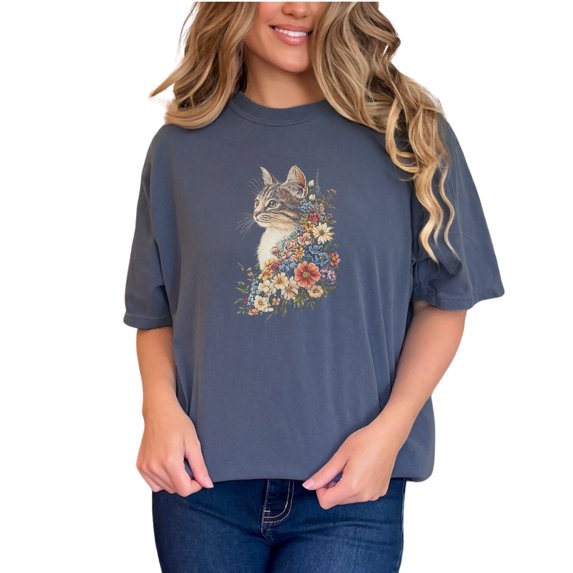 Cute Cat Floral Art T-Shirt, Vintage Cat and Flowers Print Tee, Unique Cat Lovers Gift, Artistic Cat and Floral Design, Casual Wear, Denim Comfort Colors T-Shirt, Small