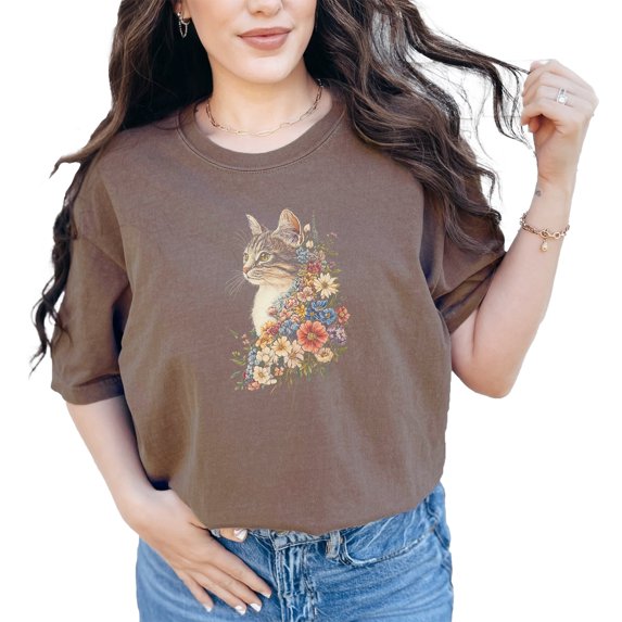 Cute Cat Floral Art T-Shirt, Vintage Cat and Flowers Print Tee, Unique Cat Lovers Gift, Artistic Cat and Floral Design, Casual Wear, Espresso Comfort Colors T-Shirt, 3XL