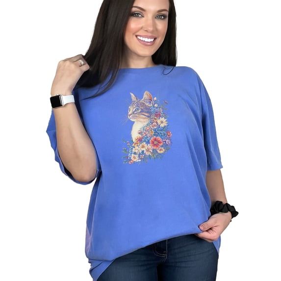 Cute Cat Floral Art T-Shirt, Vintage Cat and Flowers Print Tee, Unique Cat Lovers Gift, Artistic Cat and Floral Design, Casual Wear, Flo Blue Comfort Colors T-Shirt, 3XL