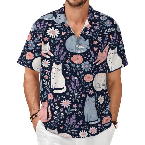 Cute Cat Floral Men's Shirts Short-Sleeved with All-Over Prints Button-Up Shirts