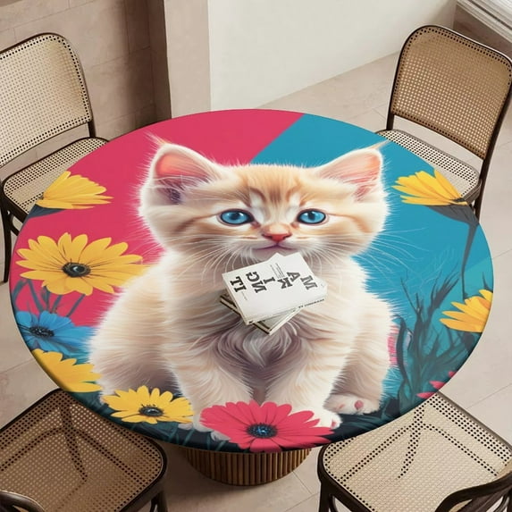 Cute Cat Floral Print Round Table Cover Kitchen Printed Waterproof Tablecloth Elastic Edged Tablecloth Fits Party Wedding Indoor Outdoor Tables