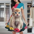thumbnail image 1 of Cute Cat Floral Print Women's Classic Swing Skater Dress Casual Work Party Cocktail Dresses, 1 of 6