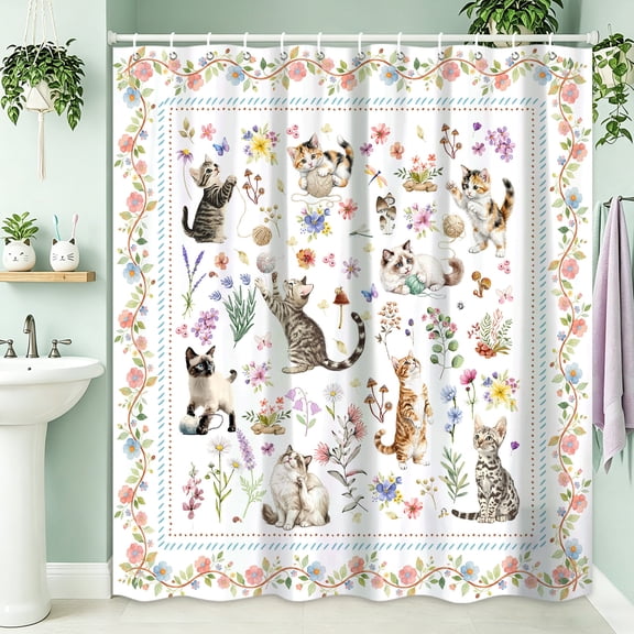 Cute Cat Floral Shower Curtain, Whimsical Kitten with Yarn Ball Wildflower Bathroom Decor, Boho Vintage Flower Frame Bath Curtain, Waterproof Washable Fabric Shower Curtain Set with Hooks,36X72in
