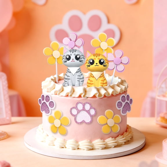 Cute Cat & Flower Cake Decoration Set - Playful Party Supplies for Celebrations