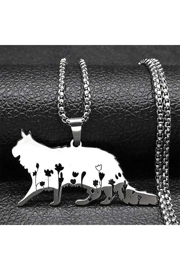 Cute Cat Flower Kitty Pendant Necklace for Women Men 14K Yellow Gold Gold Silver Color Animal Lover Chain Necklaces Jewelry