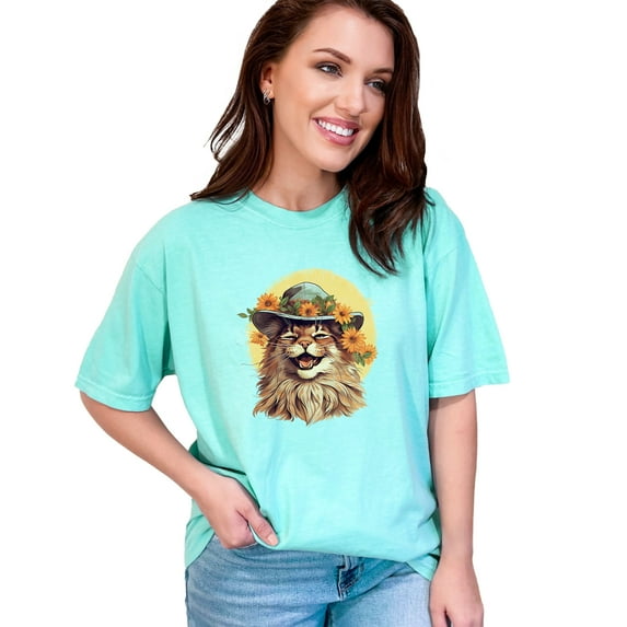 Cute Cat with Flowers and Hat Graphic Tee, Funny Cat Lover T-Shirt, Adorable Cat Art Top for Women and Men, Cool Animal Design Shirt, Chalky Mint Comfort Colors T-Shirt, Small