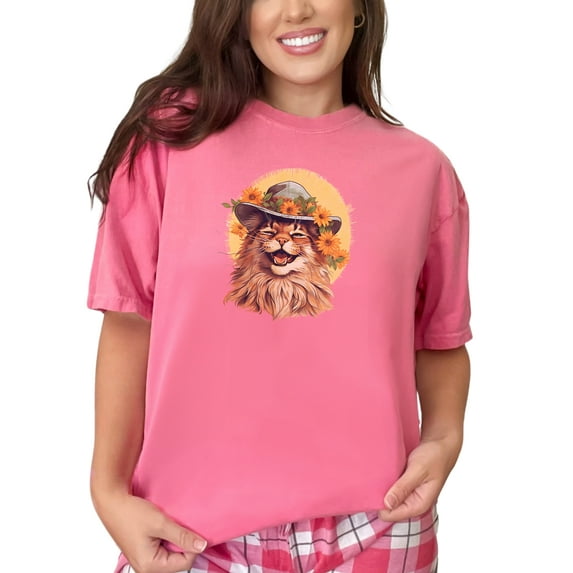 Cute Cat with Flowers and Hat Graphic Tee, Funny Cat Lover T-Shirt, Adorable Cat Art Top for Women and Men, Cool Animal Design Shirt, Crunchberry Comfort Colors T-Shirt, XL