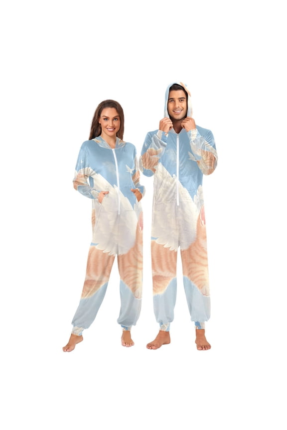 Cute Cat Fly Adult Onesie Pajamas Slim Fit Christmas One Piece Suit Pjs for Women and Men Hooded Zipper