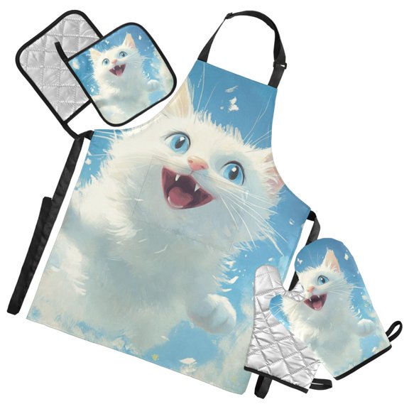 Cute Cat Flying in Sky 5 Pcs Kitchen Set Heat Resistant Oven Mitts and Non-Slip Pot Holders with Adjustable Cooking Apron