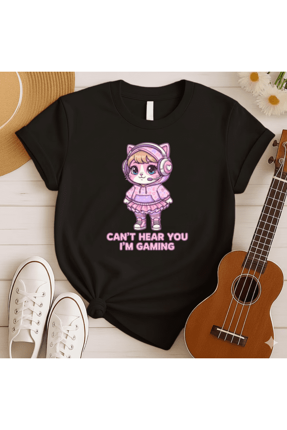 Cute Cat Gamer Girl Hoodie Headphones T-Shirt, for men & women, S-5XL