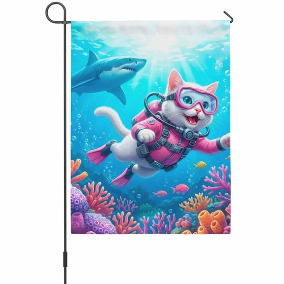 Cute Cat Garden Flag 12 x 18 Inches, Pink Diving Suit Shark Purple Coral Fish Summer Weather Proof Outdoor Patio Flags Double Sided Small Garden Decoration for Yard Outside Home