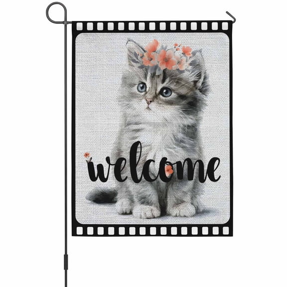 Cute Cat Garden Flag 12 x 18 Inches, Welcome Words Animal Flower Film Boundary Linen Texture Weather Proof Outdoor Patio Flags Double Sided Small Garden Decoration for Yard Outside Home