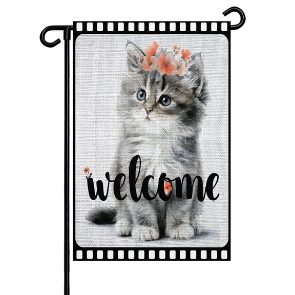 Cute Cat Garden Flag 12x18 Inch Welcome Words Animal Flower Film Boundary Linen Texture Double Sided Small Decorative Garden Flags for Outside, Outdoor Yard Porch Lawn Decoration