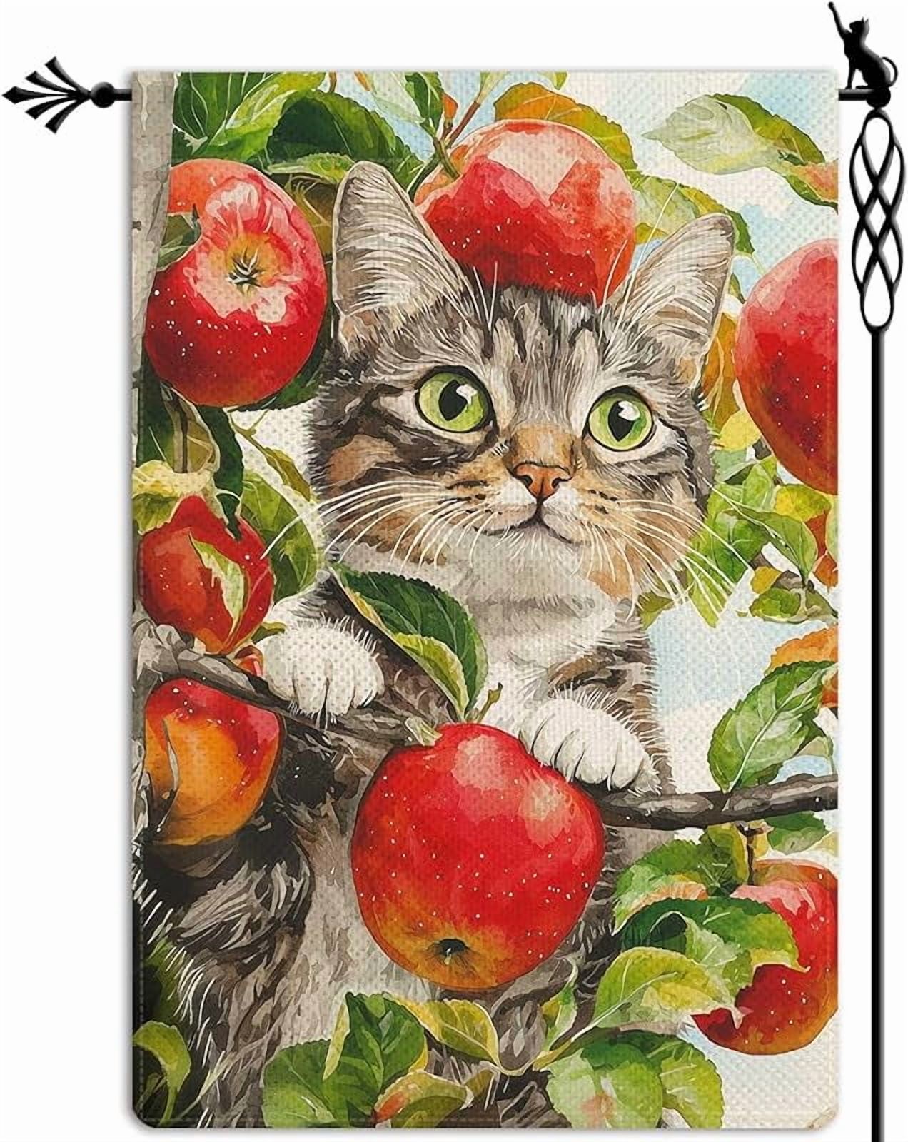 Cute Cat Garden Flag Spring Summer Apple Tree Garden Flag Vertical Double Sided Rustic Farmland Burlap Yard Lawn Outdoor Decor