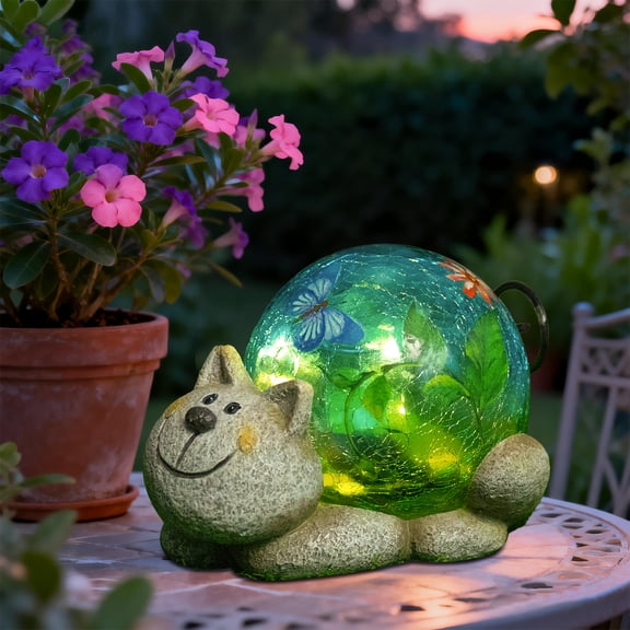 Cute Cat Garden Statue with Solar Crackle Globe – Green Glass Ball with Butterfly & Flower Accents, Resin Decor for Patio, Lawn & Outdoor Spaces