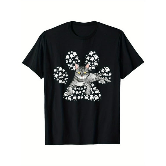 Cute - Cat Ghost Graphic Tee, Tops Has Witty “Cat & Ghosts” Design, Round Neck Regular Fit T-shirts, Size(S-5XL)
