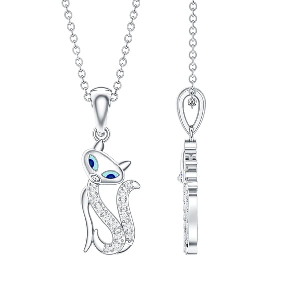 Rosec Jewels Natural Diamond Cat Pendant Necklace with Chain - HI Color SI Clarity - Ready to Gift with Jewelry Box, 10K White Gold