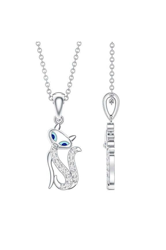 Natural Diamond Cat Pendant Necklace with Chain - HI Color SI Clarity - Ready to Gift with Jewelry Box, 925 Sterling Silver