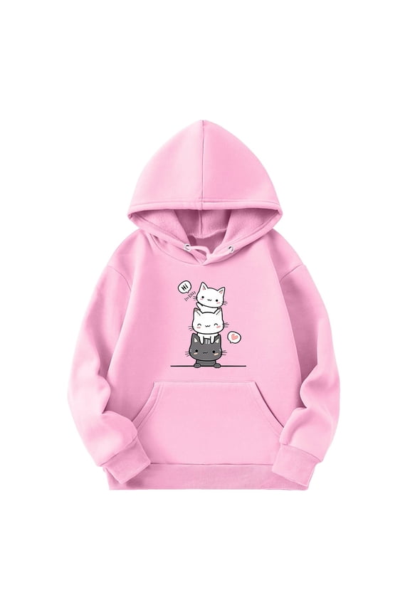 Cute Cat Graphic Hoodies for Teen Girls Cartoon Printed Hoodie Long Sleeves Hooded Sweatshirt Pullover,Pink,11-12 Years