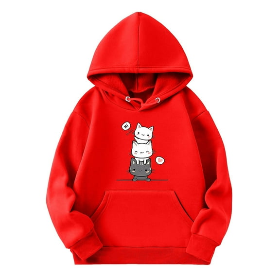 Cute Cat Graphic Hoodies for Teen Girls Cartoon Printed Hoodie Long Sleeves Hooded Sweatshirt Pullover,Red,13-14 Years