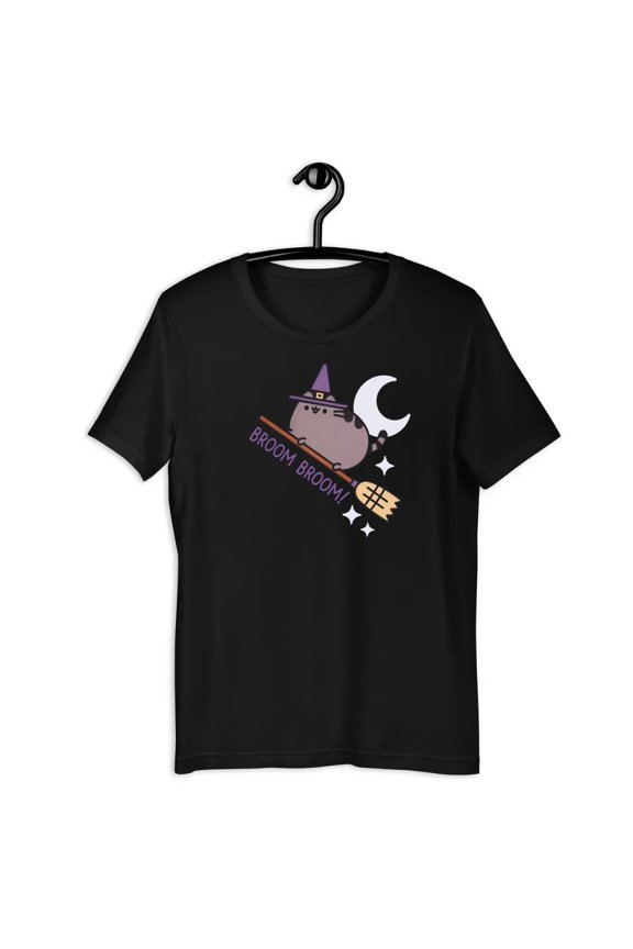 Cute Cat Graphic Shirt Broom Broom Halloween Black Tee Lightweight Top for Girls Stylish & Spooky Holiday Gift for Her Soft Comfortable Top Fast Delivery-TH1579