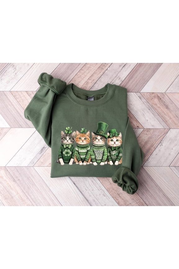 Cute Cat Graphic Sweatshirt, Playful Clover Illustration, Cozy Everyday Casual Style Top