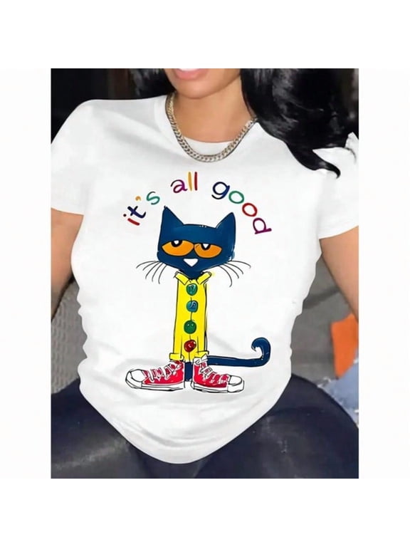 Cute Cat Graphic T-Shirt for Women, It's All Good Positive Quote Tee, Casual Crew Neck Short Sleeve Cotton Blend Shirt, Colorful Cartoon Style Everyday Graphic Top