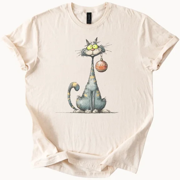 Cute Cat Graphic Tee With Cartoon Kitty Holding An Ornament On Soft Cotton Size S-5Xl Heygategoo Tee