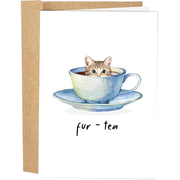 Cute Cat Greeting Card - “Fur-Tea” Design with Adorable Kitten in Tea Cup - Blank Inside for Personal Messages - Perfect for Cat Lovers and Any Occasion