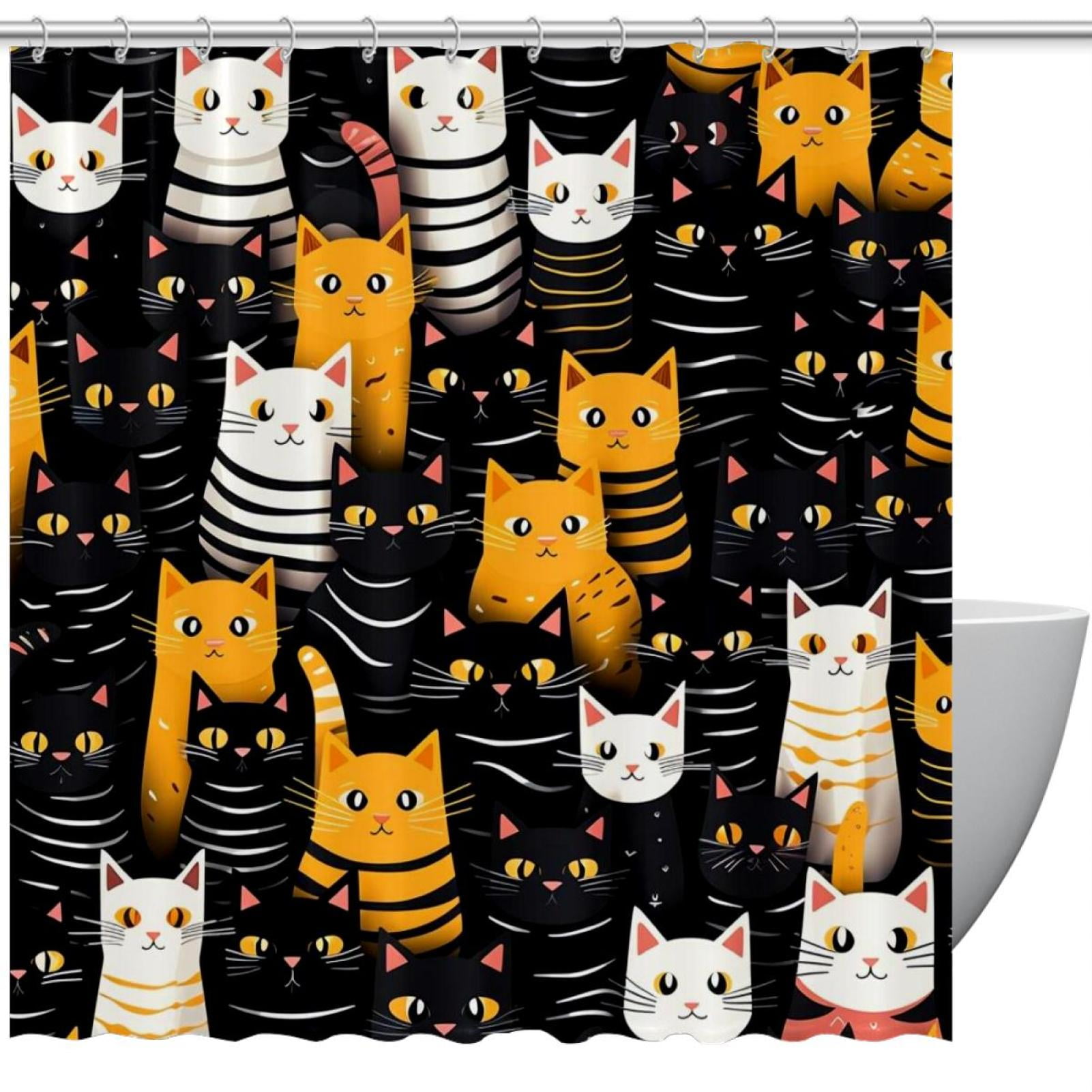 Elegant Blue & White Cat-Themed Shower Curtain main image 1