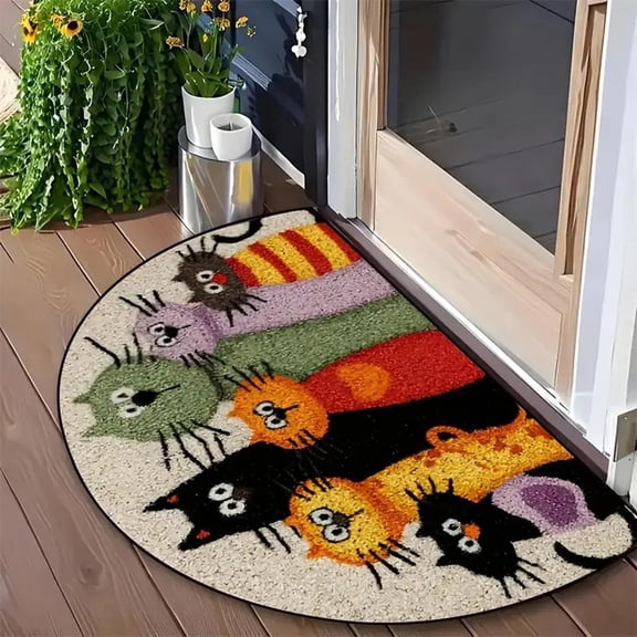 Cute Cat Half Circle Door Mat, Half Round Outside Entrance Welcome Mats, Non Slip Washable Semi Circle Area Rug, Soft Floor Mat for Indoor Outdoor Kitchen Bathroom Patio Front Door