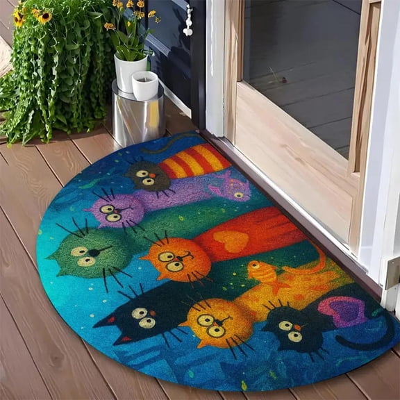 Cute Cat Half Circle Door Mat, Half Round Outside Entrance Welcome Mats, Non Slip Washable Semi Circle Area Rug, Soft Floor Mat for Indoor Outdoor Kitchen Bathroom Patio Front Door