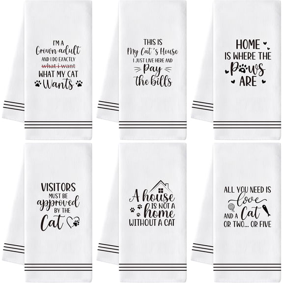Cute Cat Hand Towel - 6Pcs Funny Kitten Theme Kitchen Dishcloths Set Polyester Soft Towels for Bathroom Accessories Home Dining Table Decor Housewarming Gifts for Cat Lovers Hostess Men Women