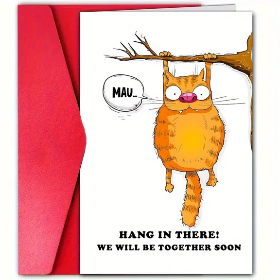 Cute Cat Hang In There Card Adorable Illustration with Encouraging Message Perfect for Support & Uplifting Greetings Includes Envelope, Blank Inside