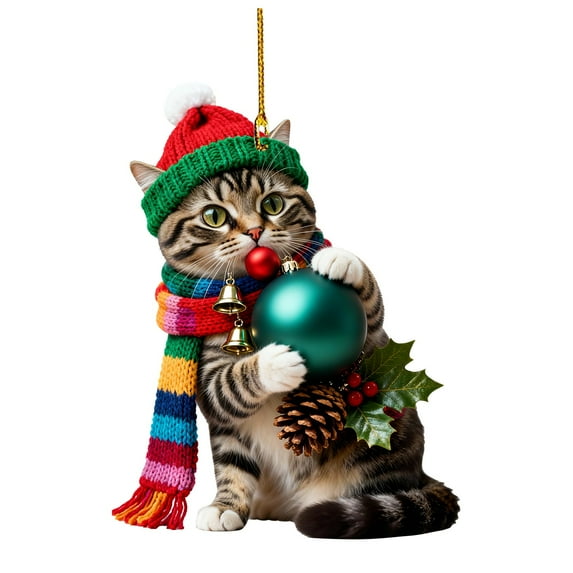 Cute Cat Hanging Ornaments for Christmas – A ball-playing kitten wearing a scarf and a Christmas hat Ornaments, Acrylic Window Decor with Chain, Christmas Decor,1pcs