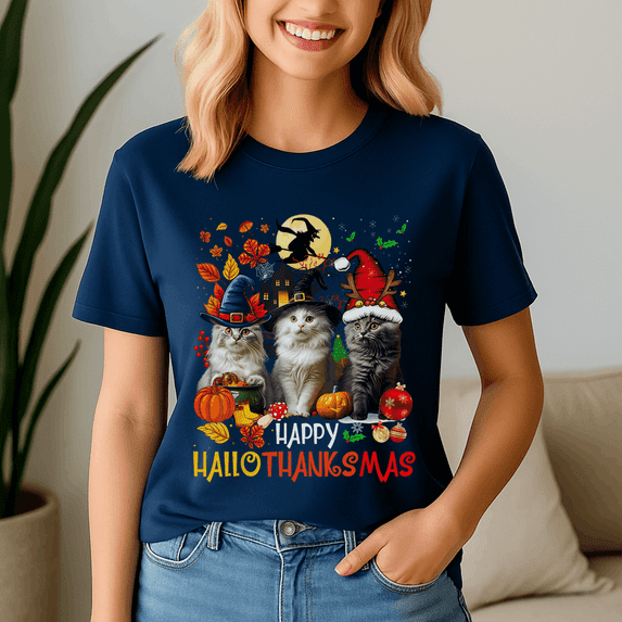 Cute Cat,Happy Hallothanksmas Tshirt, Halloween Thanksgiving Christmas Shirt, Holiday Season Tee, Turkey Gift, Vintage Ghost ,Merry Christmas