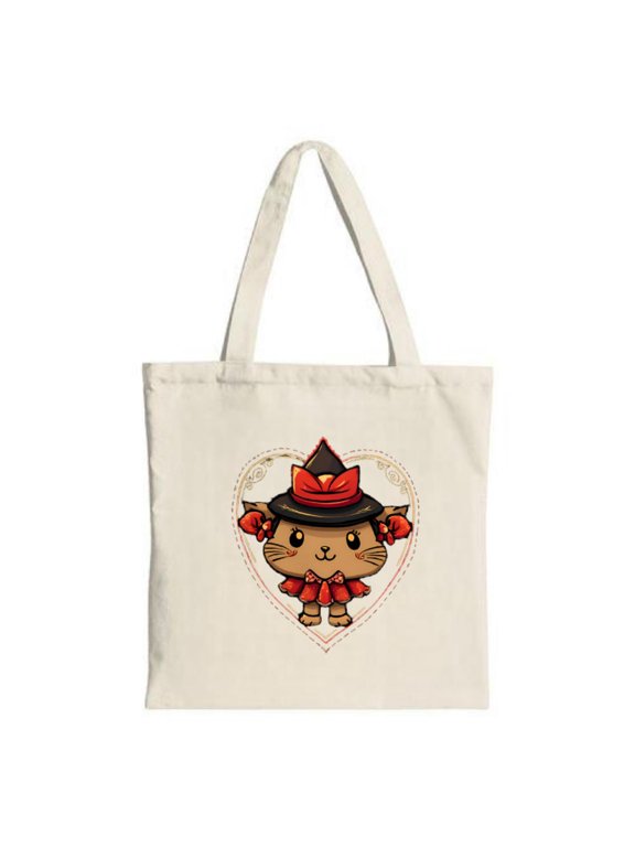 Cute Cat Hat Tote Bag - Heart Outline Design Red Bow Perfect for Shopping Parties & Travel Stylish Canvas Reusable Bag