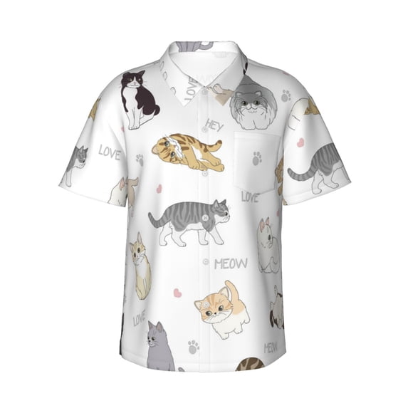 Cute Cat Hawaiian Shirts For Men, Summer Short-Sleeve Relaxed-Fit Button-Down Shirts Large