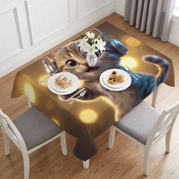 Cute Cat with Headphones Table Cloth 60x84in, Waterproof Rectangle Tablecloth Wipeable Tablecloths Abstract Funny Animal Art Table Covers for Dining Tables Party Indoor Outdoor