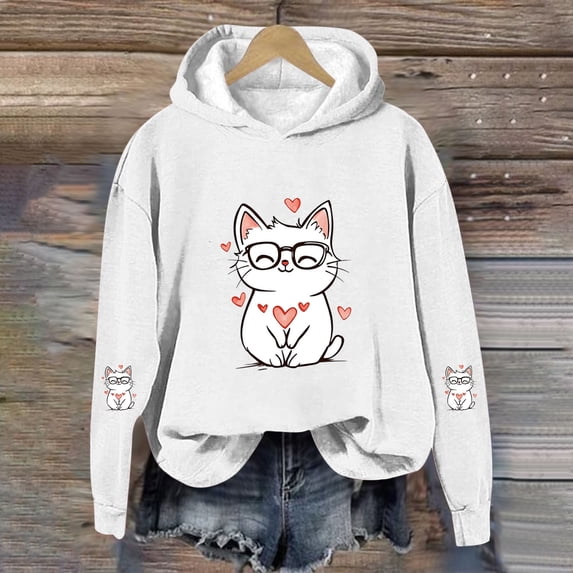 Cute Cat & Heart Graphic Girls White Cropped Hoodie - Fleece Lined Long Sleeve, Soft Stretch 95% Polyester 5% Spandex, Size 110-160 for 4-12 Years,Size 11-12T