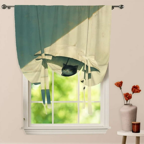 Cute Cat Hiding Under Umbrella Window Curtain for Living Room Roman Curtain Kitchen Tie-up Curtains Adjustable Drapes