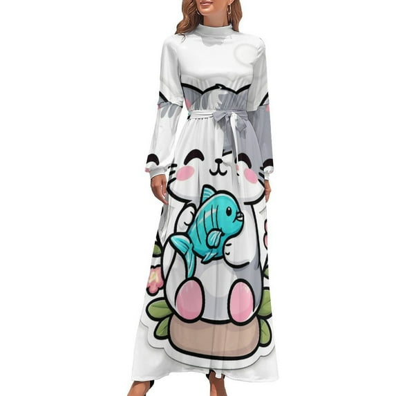 Cute Cat Holding Fish Women's Long Dress Long Sleeves Dress Vintage Dresses Party Maxi Dress High Waist Dress