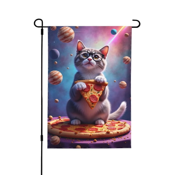 Cute Cat Holding Pizza Garden Flag 12x18 Inch Double Sided – Funny Space Pet Outdoor Yard Decoration For Porch, Lawn & Patio