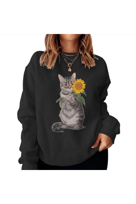Cute Cat Holding Sunflower Floral Animal Lover Graphic Pullover Kitten Gift Sweatshirt, for men & women, up to size 5XL