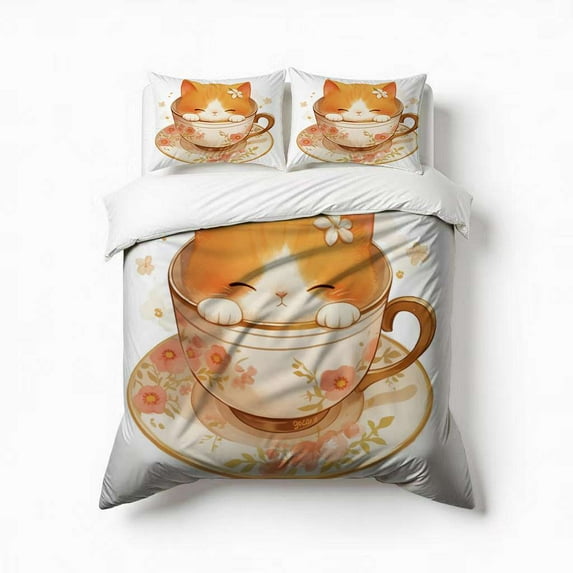 Cute Cat In A Tea Cup Bedding Set 3 Pcs Soft Microfiber Quilt Cover For Bedroom Decor, Comforter Cover With 2 Pillowcase