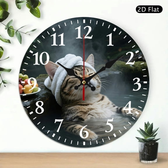 Cute Cat In Hot Spring Round Wall Clock Decorative Animal Print Timepiece 10x10 Inch 1pc Battery Not Included