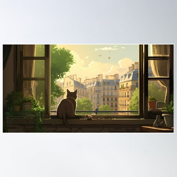 Cute Cat In Window Illustration In Paris | Artwork For Cat Lovers Poster Wall Art, Modern Wall Decor For Living Room Bedroom, 12x18 UNFRAMED