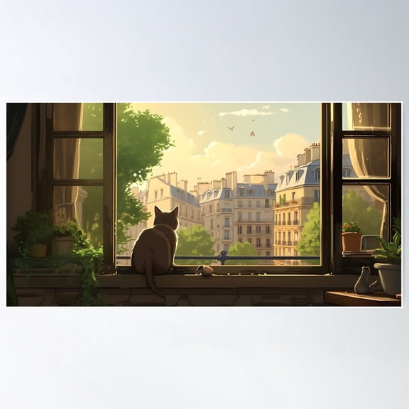 Cute Cat In Window Illustration In Paris, Artwork For Cat Lovers Poster Wall Art, UNFRAMED PAPER POSTER