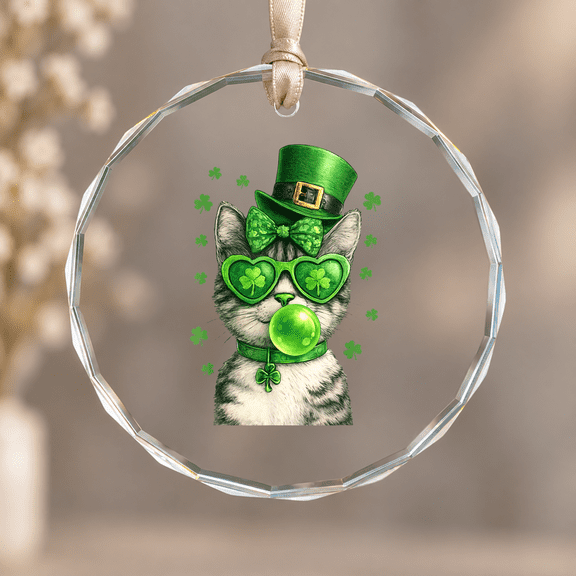 Cute Cat Irish Leprechaun Hat Bubblegum Shamrock Patrick Day Christmas Ornament, Feline Fan Decor, Circle Glass Ornament